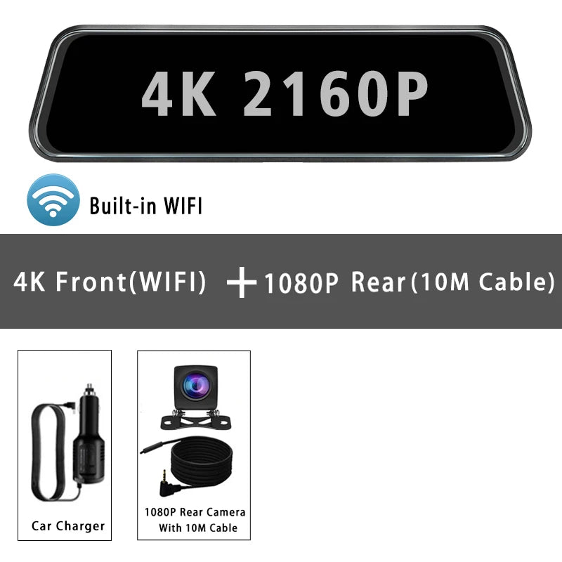 Black dash cam featuring a 4K front camera with built-in WiFi and a 1080P rear camera with a 10M cable.