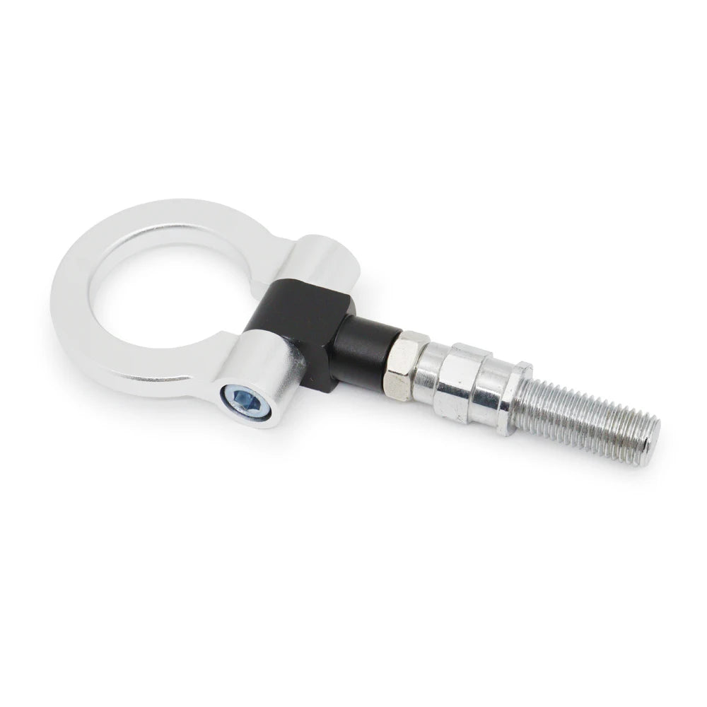 Silver universal racing tow hook with a threaded bolt and black connector for Japanese cars