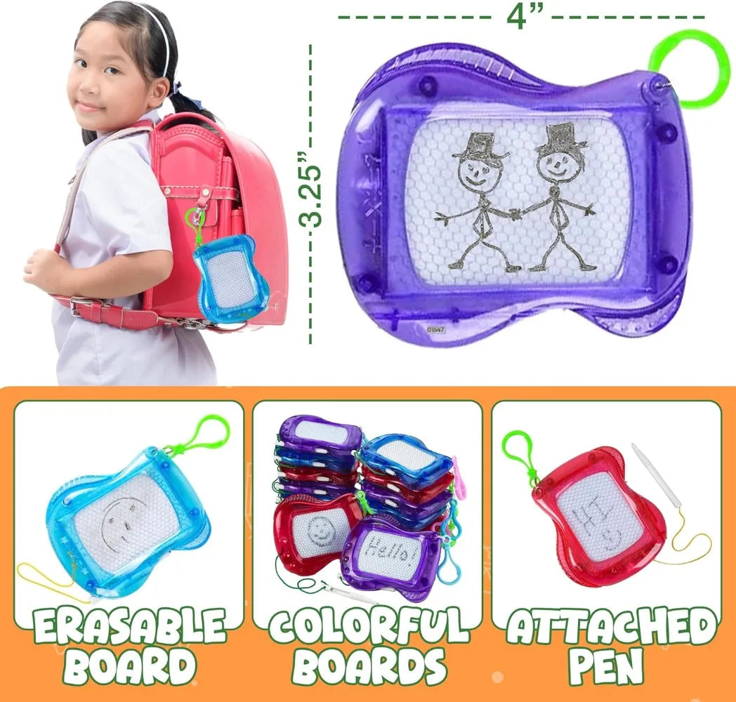 A set of colorful erasable drawing boards and an attached pen keychain for kids
