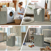 Collapsible laundry hamper in gray fabric with handles shown in various rooms like laundry room, bedroom, bathroom, and kid's