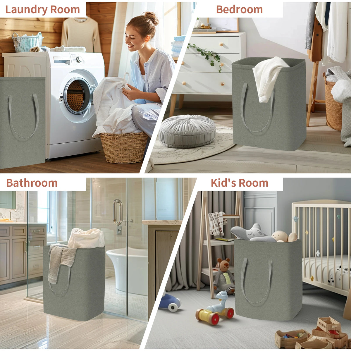Collapsible laundry hamper in gray fabric with handles shown in various rooms like laundry room, bedroom, bathroom, and kid's