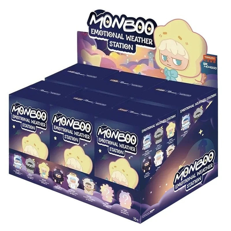 A box of MONBOO Emotional Weather Station collectible blind boxes featuring yellow and blue characters.