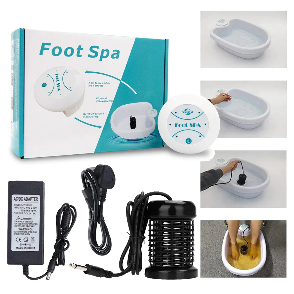 A set of ionic detox foot spa bath and massage device with power cord and foot bath.