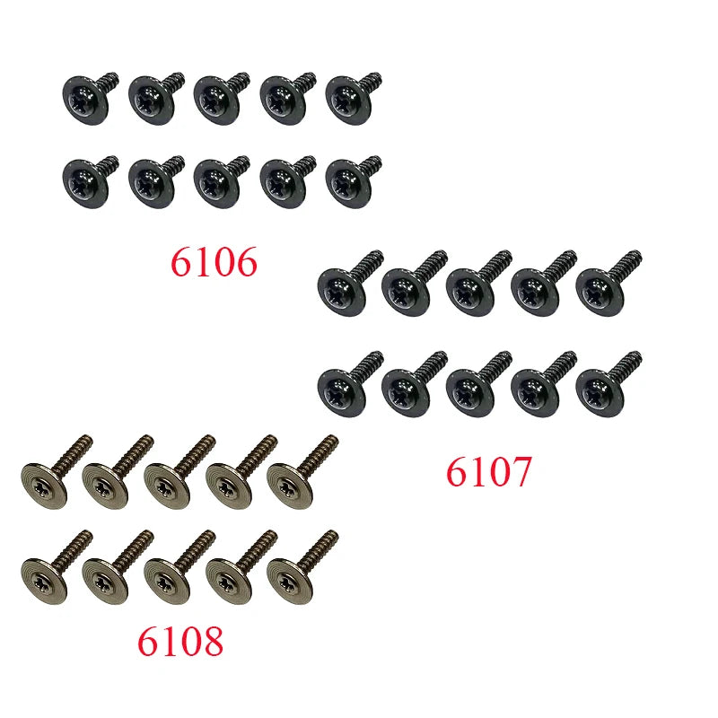 A collection of various black and silver high-speed 1/16 4WD RC car receiver parts, including different types of screws and c