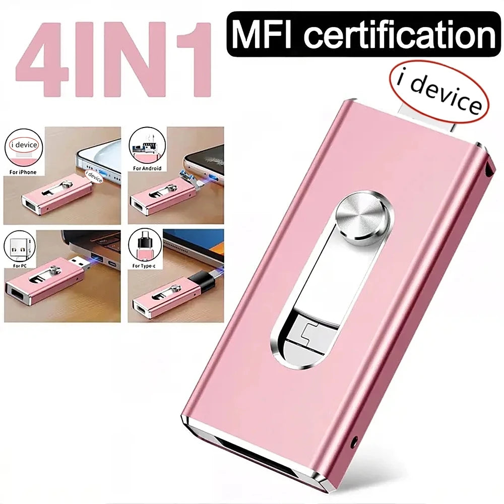 Pink 4-in-1 MFI certified portable flash drive with multiple connectors for iPhone, Android, and PC devices.