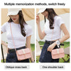 Two women demonstrate multiple ways to wear a pink crossbody handbag, including an oblique crossback and one shoulder style.