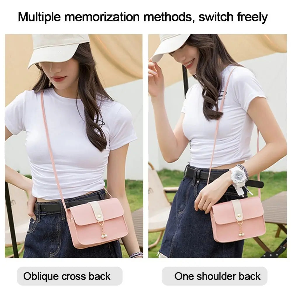 Two women demonstrate multiple ways to wear a pink crossbody handbag, including an oblique crossback and one shoulder style.
