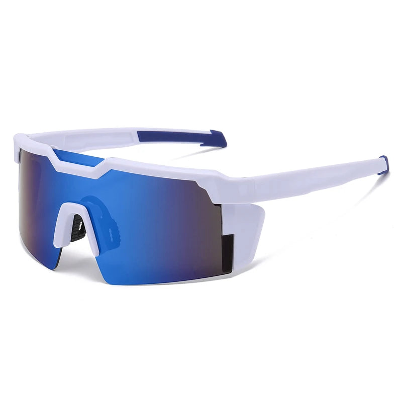 A pair of blue-tinted sports sunglasses with white frames shown against a white background.