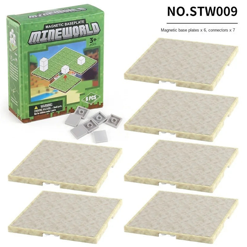 A set of six magnetic base plates for Mineworld building blocks, packaged in a green box.