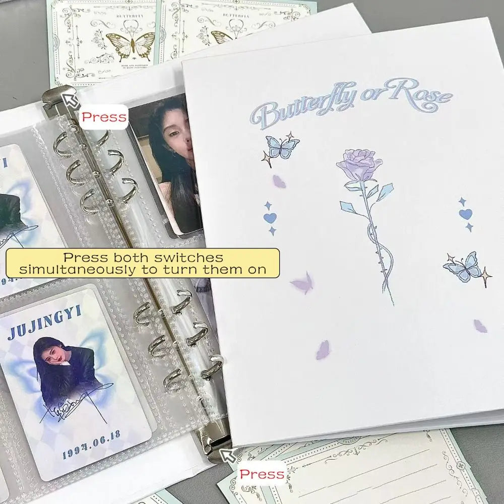 A photo album featuring butterfly and rose designs for K-Pop cards and memories