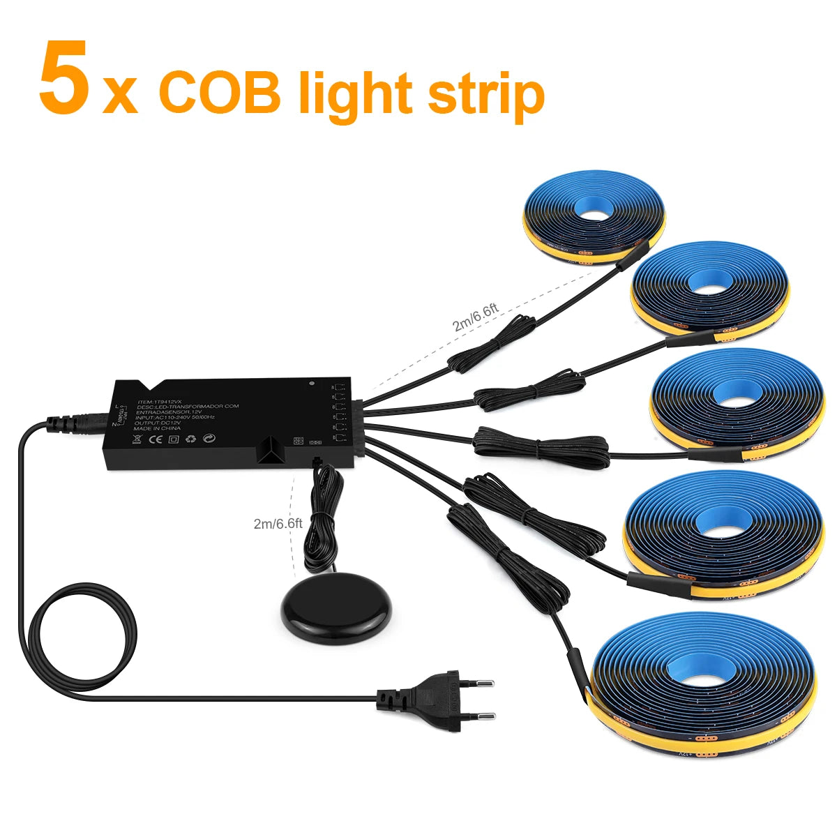 Five sets of blue and yellow COB light strips with black connectors and power cables
