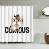 A white shower curtain featuring a cute cartoon cat face with butterfly wings and the word CURIOUS in black text.