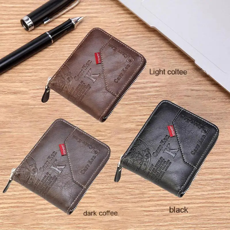 Men's Waxed Leather Bifold Wallet with All-Around Zipper