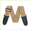 Tan guitar strap with a black pick pocket and vintage cross pattern detail