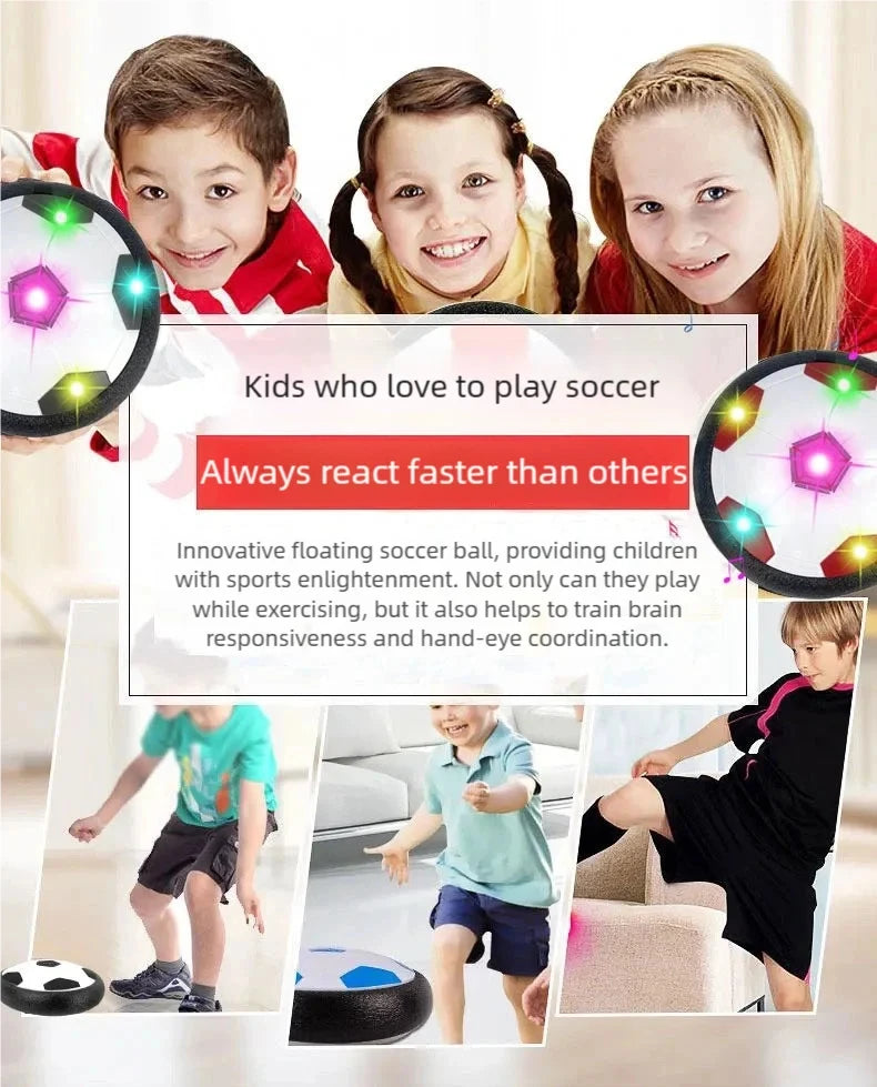 Children playing with a floating soccer ball toy that helps train brain responsiveness and hand-eye coordination.