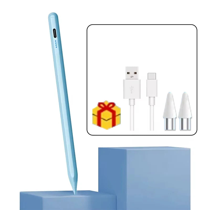 Un bolígrafo stylus azul claro junto a varios componentes de carga y conectores sobre una superficie azul.
