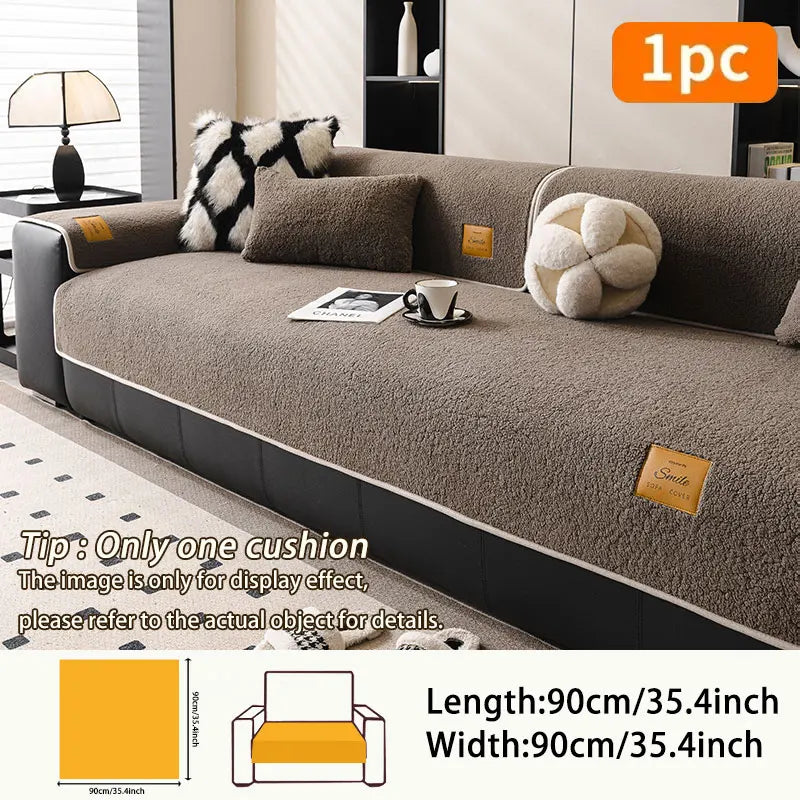 A cozy anti-slip lamb fleece sofa mat in brown color shown on a sofa.