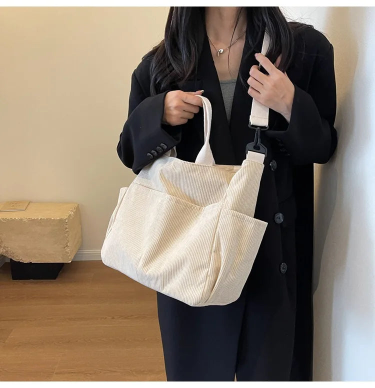 Multi-Pocket Corduroy Tote Bag – Large Capacity Casual Satchel for Travel, Work & Commute