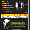 Black full-face motorcycle helmet with ventilation and various size options listed.
