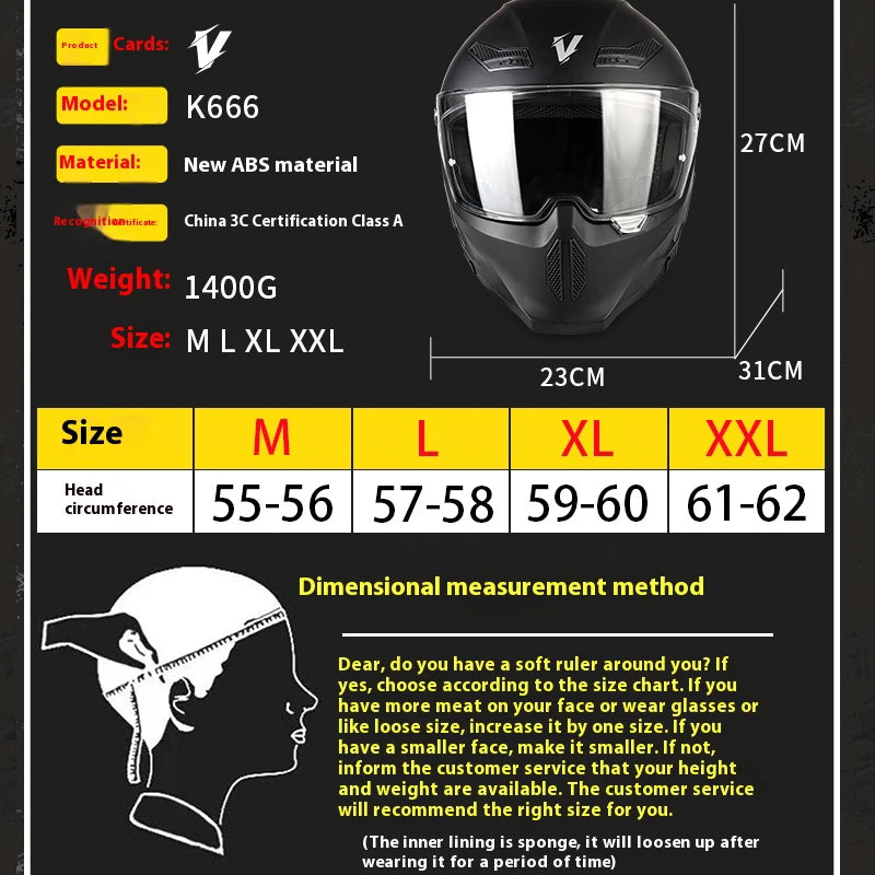 Black full-face motorcycle helmet with ventilation and various size options listed.