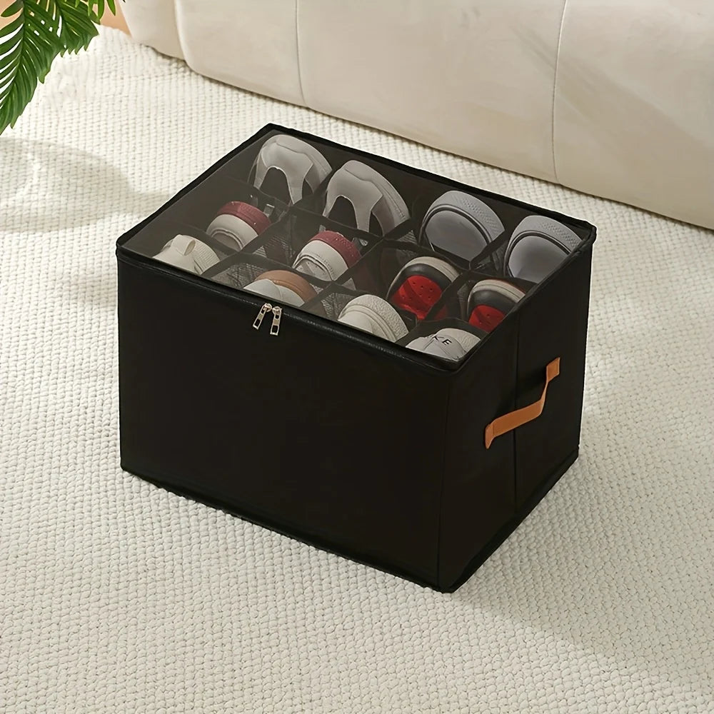 A black foldable shoe organizer with a dustproof lid is shown resting on a white textured surface.