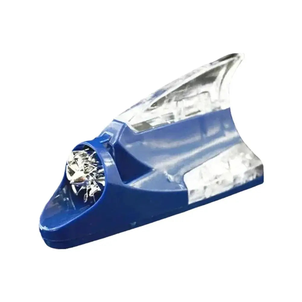 A blue wind-powered LED antenna light mounted on a vehicle.