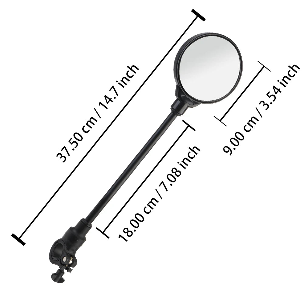 A black adjustable wide-angle rearview mirror with a magnifying lens and long handle.