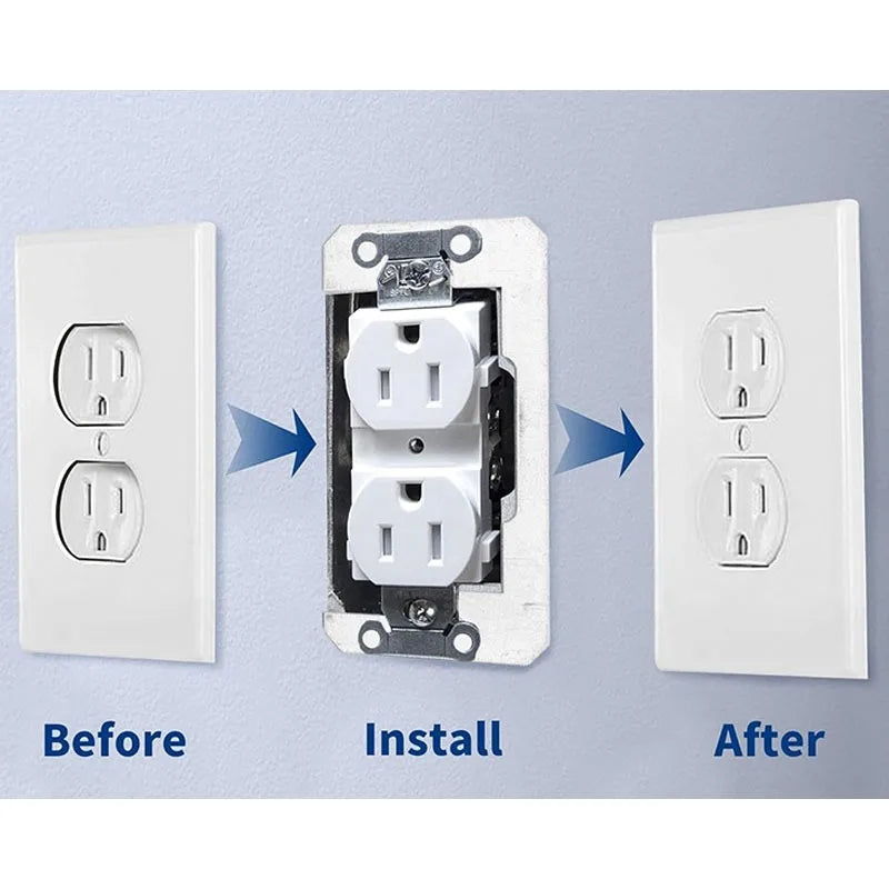 Before, install, and after shots showing a rust-proof galvanized outlet spacer kit for flush mount installation.