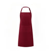 A solid maroon bib apron with a rounded neckline and pockets shown against a white background.