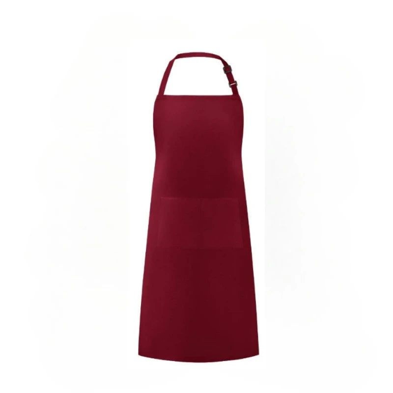 A solid maroon bib apron with a rounded neckline and pockets shown against a white background.