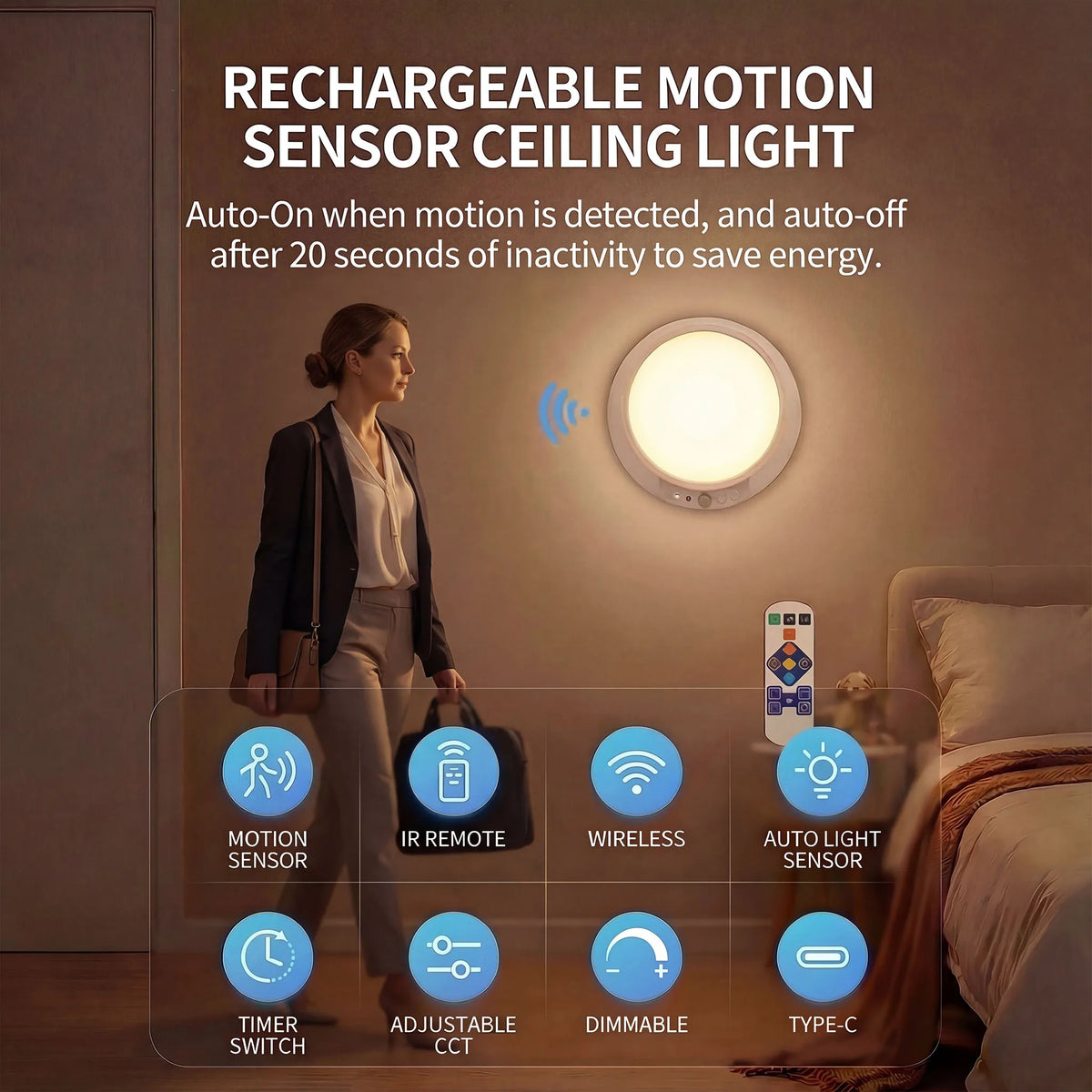 A rechargeable motion sensor ceiling light is shown above a bed, with icons detailing its features like motion sensor, IR rem