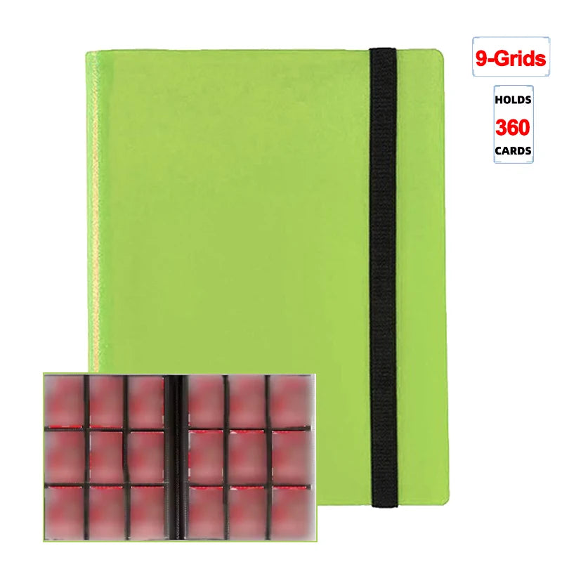 A lime green card binder album with a black spine and a set of 9 grids for holding 360 cards.