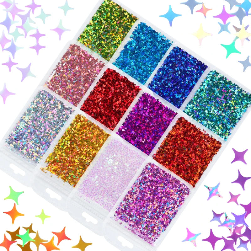 A palette of shiny holographic star sequins in various colors for resin crafts.