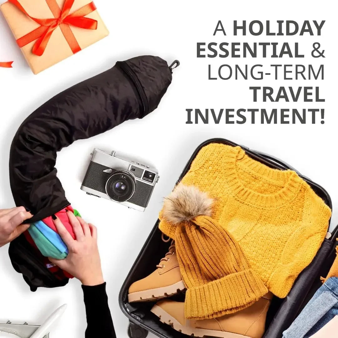 A black self-filling travel pillowcase organizer is shown with a camera and yellow knit sweater inside a black suitcase.
