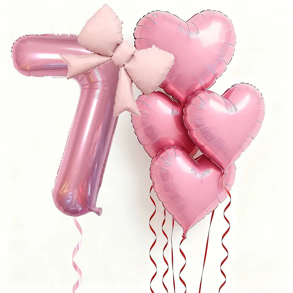 Pink Bow Heart and Number Foil Balloon Set for Celebrations