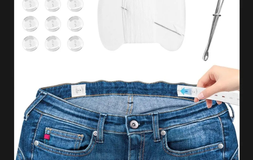 A set of adjustable invisible belt tightener clips and a sewing needle shown next to a pair of blue denim jeans.