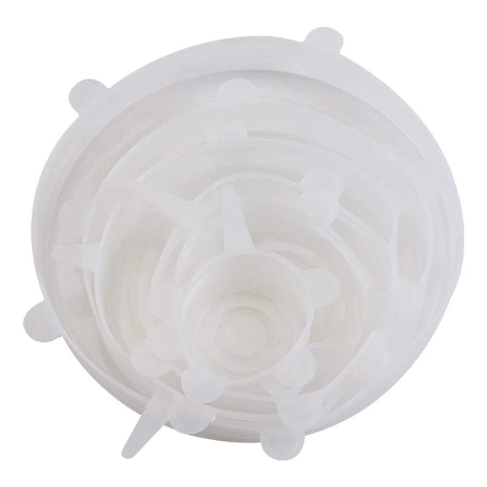 A clear silicone stretch lid set of six stacked lids viewed from above.