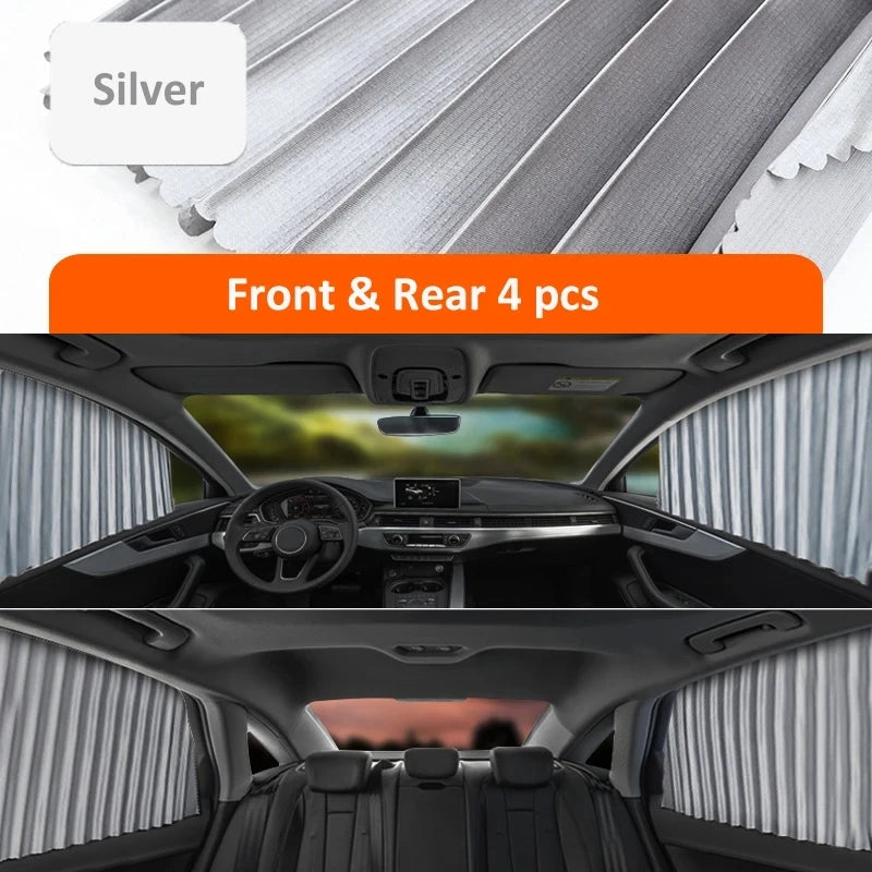 Cortinas solares magnéticas plateadas para ventana de coche mostradas dentro de la cabina.