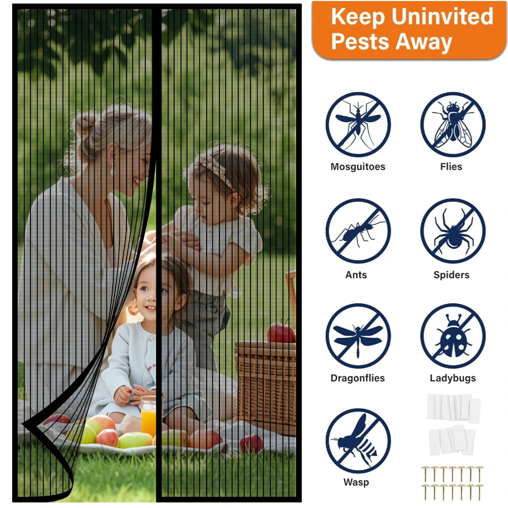 A magnetic screen door with a mesh panel is shown in a garden setting, featuring various pest prevention icons.