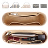 A felt purse organizer insert with a zipper is shown alongside various handbag and tote bags.