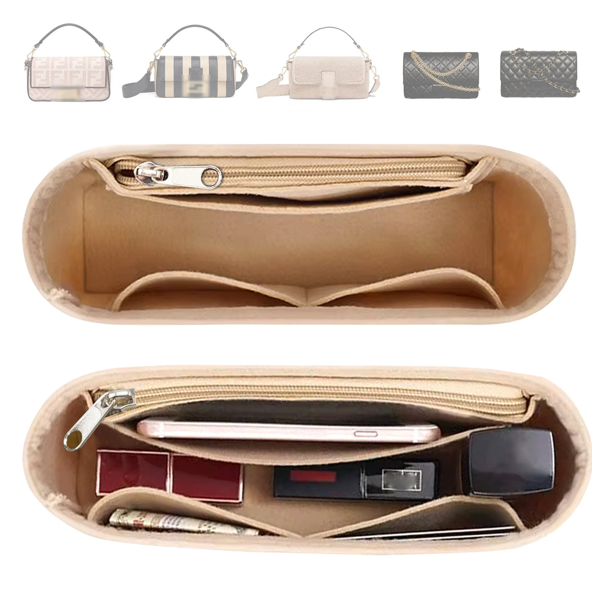A felt purse organizer insert with a zipper is shown alongside various handbag and tote bags.