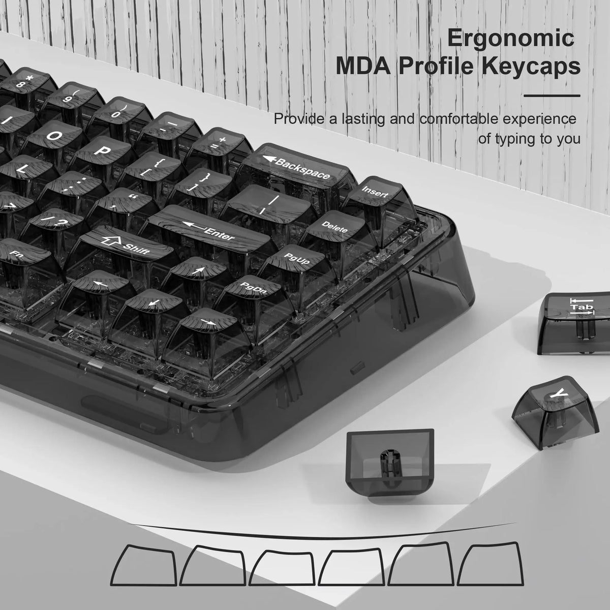 A close-up view of an ergonomic MDA profile keycap set featuring black keycaps on a keyboard.