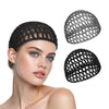 A woman models a black mesh crochet hair net for sleeping and everyday wear, shown on her head and as a separate item.