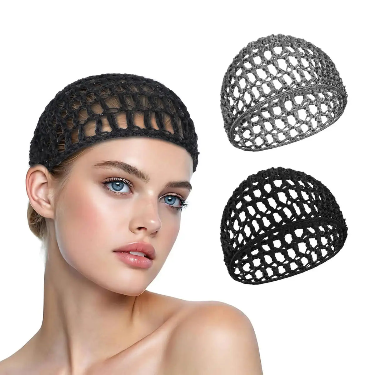 A woman models a black mesh crochet hair net for sleeping and everyday wear, shown on her head and as a separate item.
