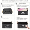 Instructions showing how to reshape a felt basket for storing dog toys using stuffing or ironing methods