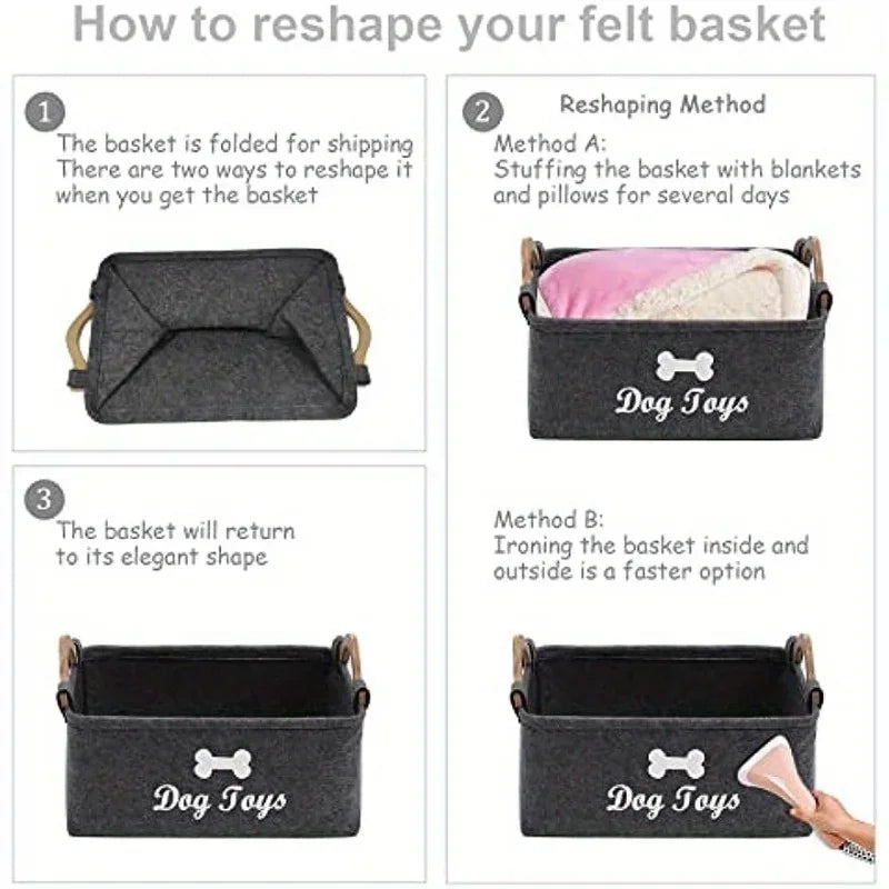 Instructions showing how to reshape a felt basket for storing dog toys using stuffing or ironing methods