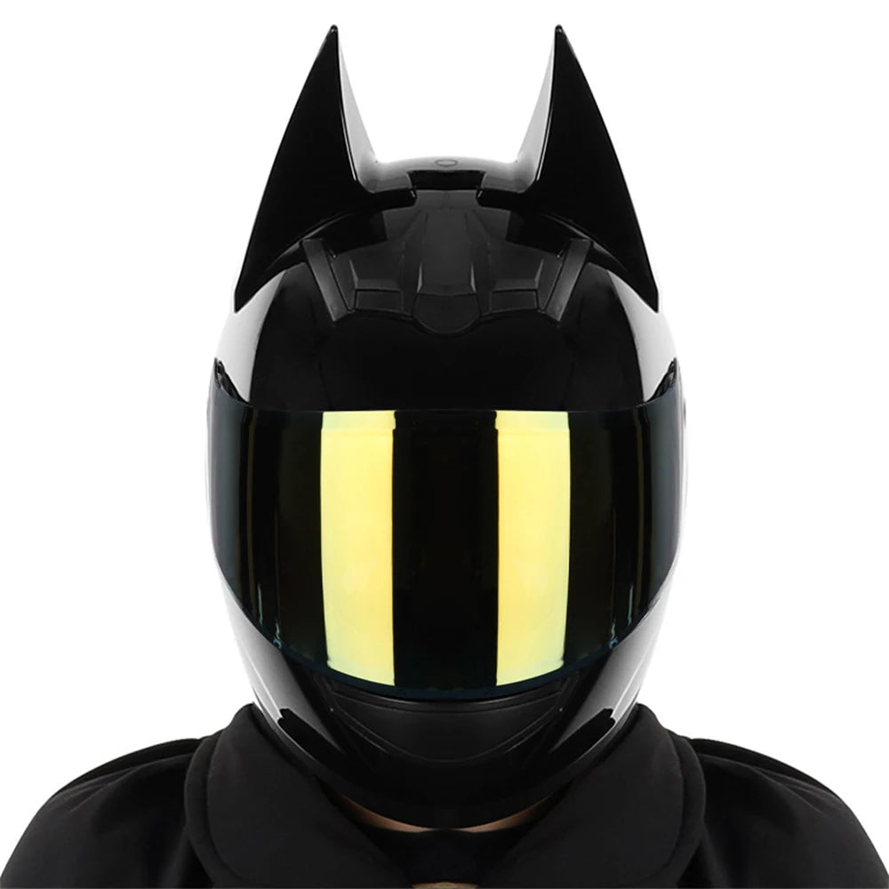 Black Bat Ear full face motorcycle helmet with yellow visor and detachable horns