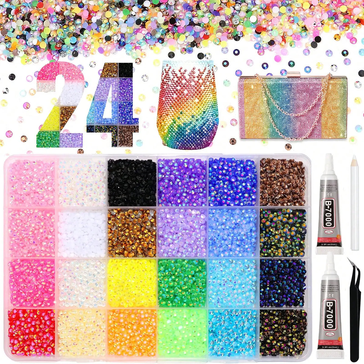 A flatback gem kit featuring various colors and types of rhinestones in a clear plastic container.