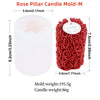 A red rose pillar candle silicone mold in the shape of a rose, showing its dimensions and weight.