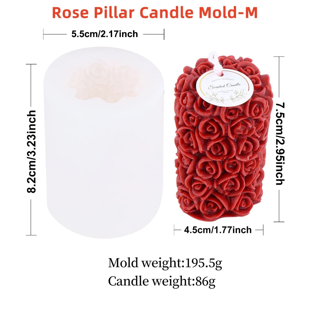 A red rose pillar candle silicone mold in the shape of a rose, showing its dimensions and weight.